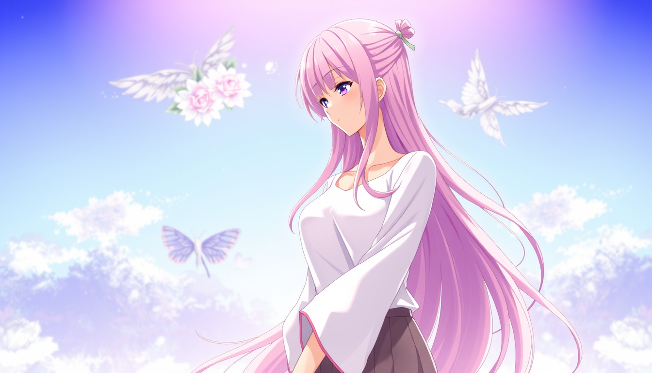 Anime art of a motherly woman, pink hair, clothes, natural reflective, detailed body, standing, wallpaper anime background, stunning details, anime artwork, illustration quality, windows wallpaper download. - Image