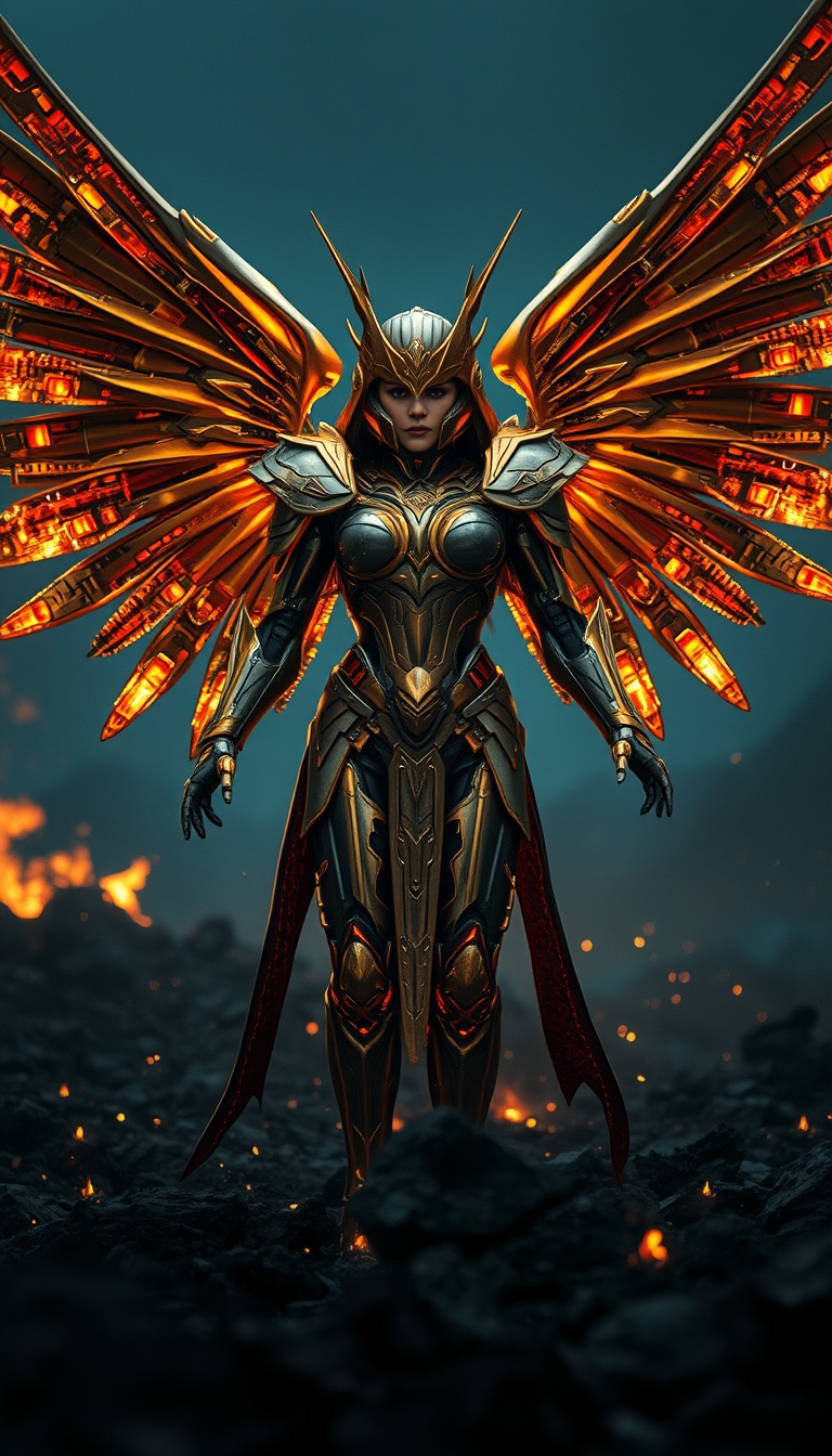 Cinematic shot of a cyborg female battle angel rising from ashes, golden regal Valkyrie armor, futuristic, standing on a battlefield, movie scene, film grain, realistic, shot from below, dark lighting. - Image