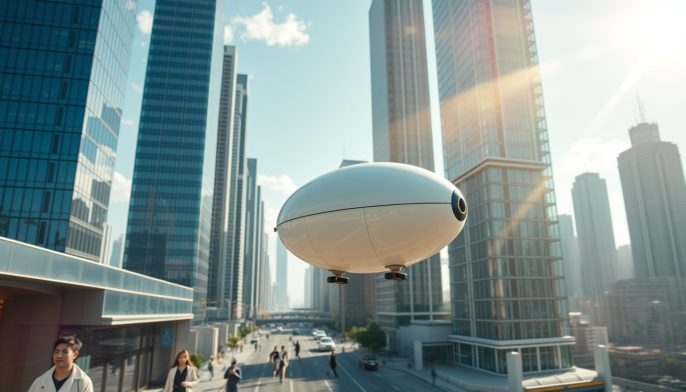 Create a high-resolution image of a breathtaking futuristic city. The skyline should be filled with towering skyscrapers. Include a light-colored elliptical balloon-type robot hurtling through the air with tiny black balancers on either side of the balloon. The balloon-shaped robot has a bird's eye view of the city. The streets should be bustling with people, Asian faces, and individuals wearing fashion-forward attire. Focus on the small balloon-shaped robot, performing its rounds in the sky, with beautiful sunlight reflecting on the glass surfaces of the buildings, creating an atmosphere of excitement and technological innovation. Very sharp and realistic details, 32K.