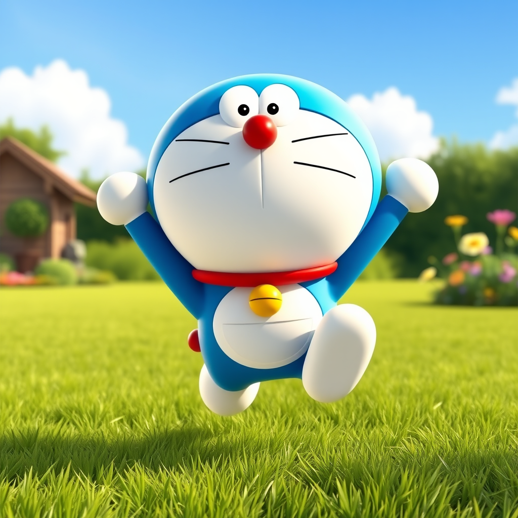 Doraemon in Pixar style, cute and expressive, vibrant colors, jumping pose, sunny garden setting, green grass, blue sky, warm sunshine, cheerful and peaceful atmosphere, clear texture. - Image