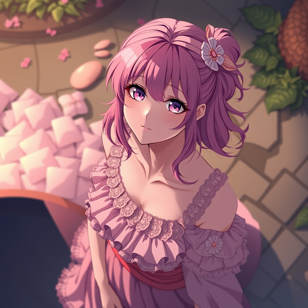 Anime art of a motherly woman, from above, pink hair, frilly dress, detailed scene, stunning details, trending on artstation, anime artwork, anime cel shading