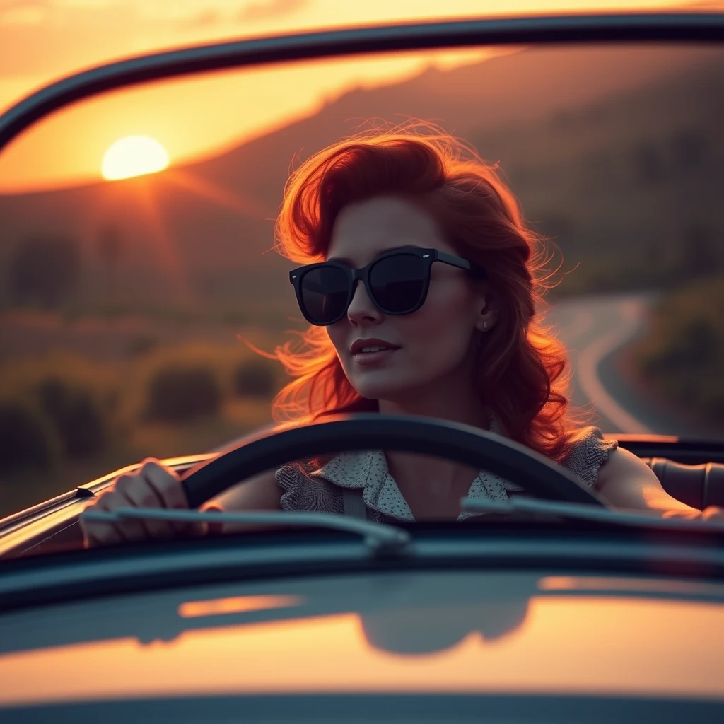 Vintage 1950s Italian countryside, beautiful redhead woman with sunglasses driving, wide-angle sunset, cinematic lighting, black plastic sunglasses, anamorphic flares. - Image