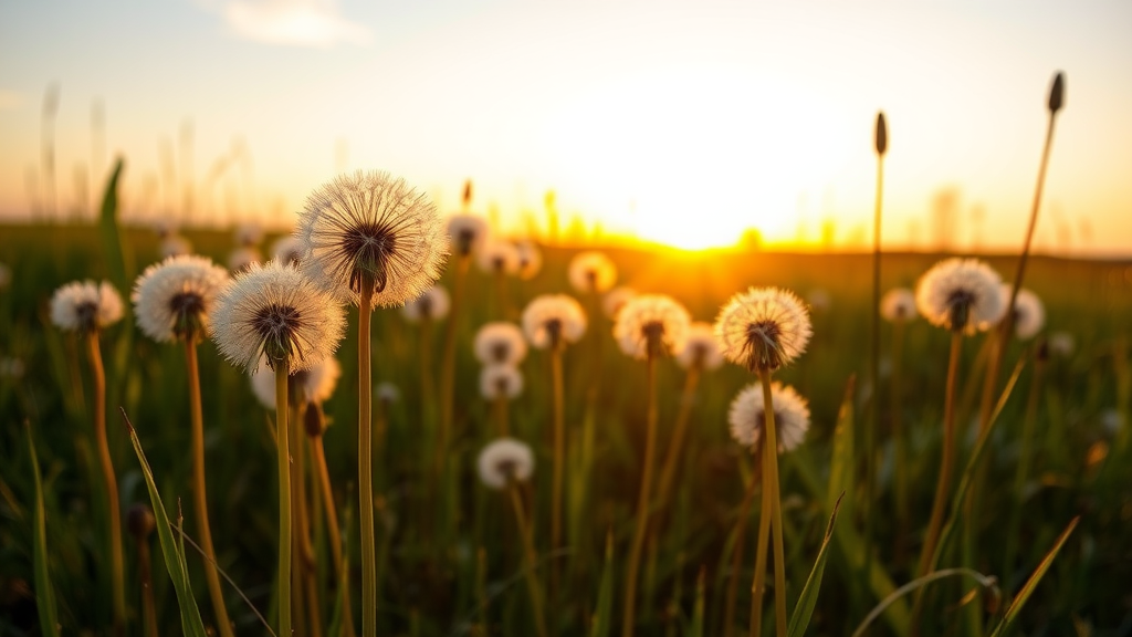 a field of dandelions in the sunset with the sun setting in the background, by Andrew Domachowski, art photography, dandelions, award winning nature photo, dandelion, the brilliant dawn on the meadow, weeds and grass, sunny meadow - Image