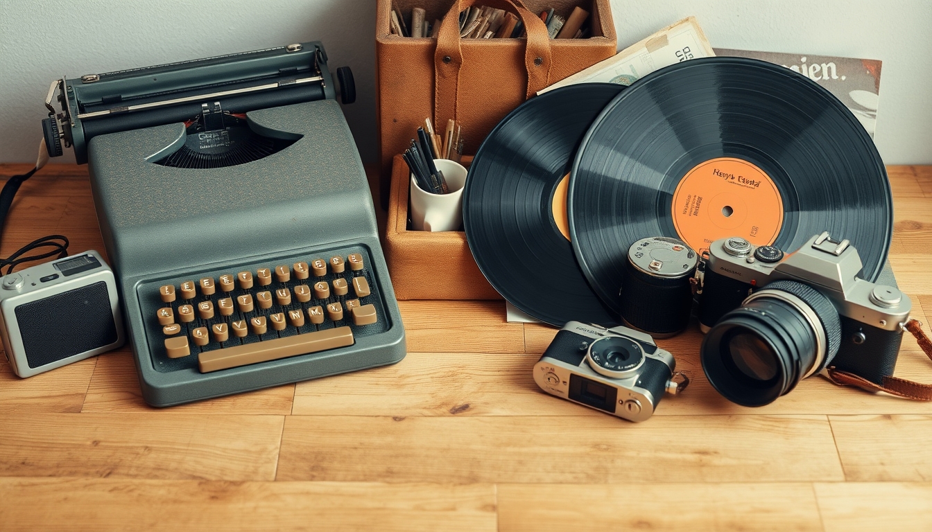 A nostalgic still life of old-fashioned items like a typewriter, vinyl records, and vintage cameras, arranged artfully on a wooden surface. - Image