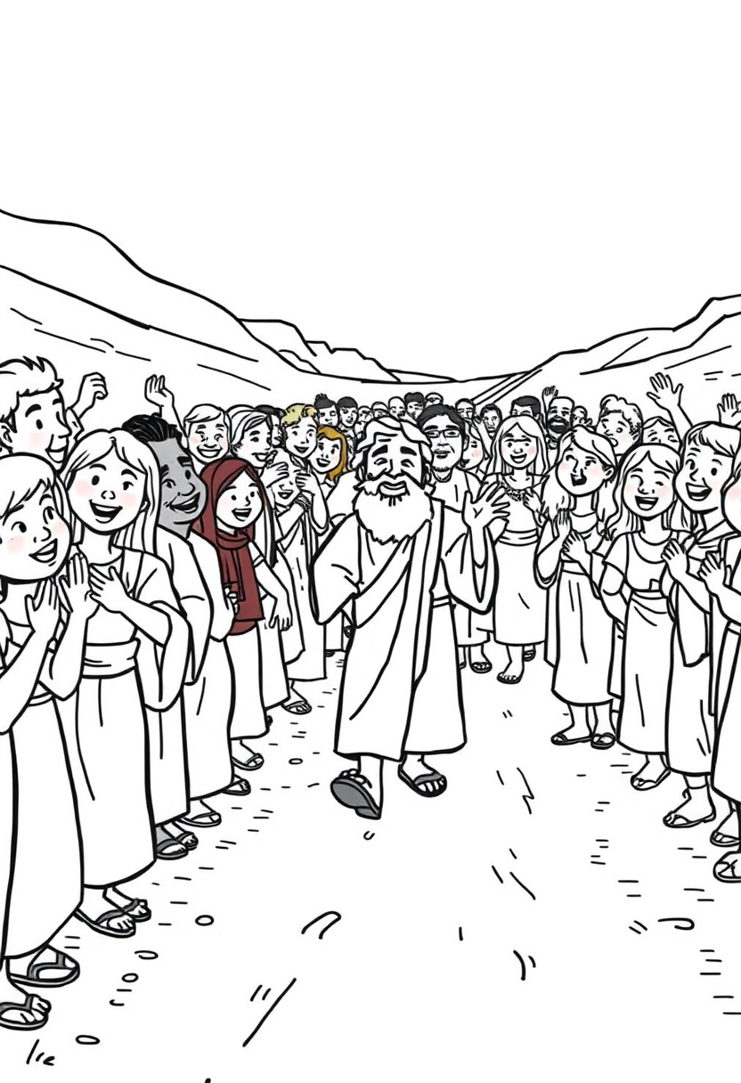 Depict a crowd of people joyfully following Jesus along a dusty road, with expressions of hope and excitement. A coloring book page, cartoon style, thick lines, low details, no shading.