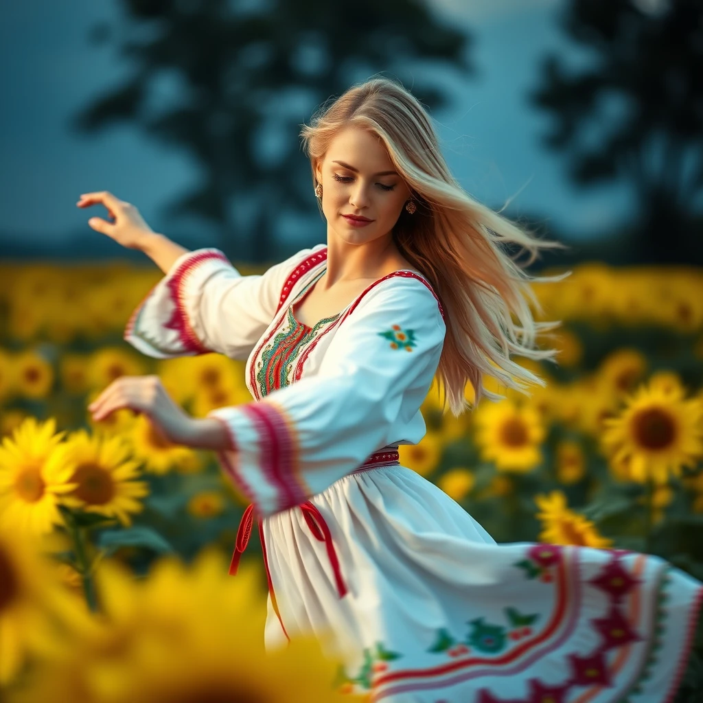 A Ukraine woman dancing in a sunflower field, 20 years old, blonde, with light in her eyes, (Ukraine traditional costume: 1.4), Style by Rick Remender, Motion blur, Movement, Full body, Award-winning work. - Image