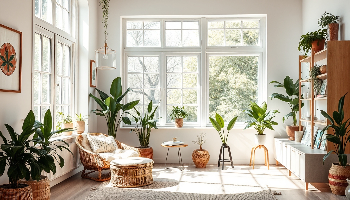 A serene interior space with natural light streaming in, featuring minimalistic decor, indoor plants, and a cozy reading nook.