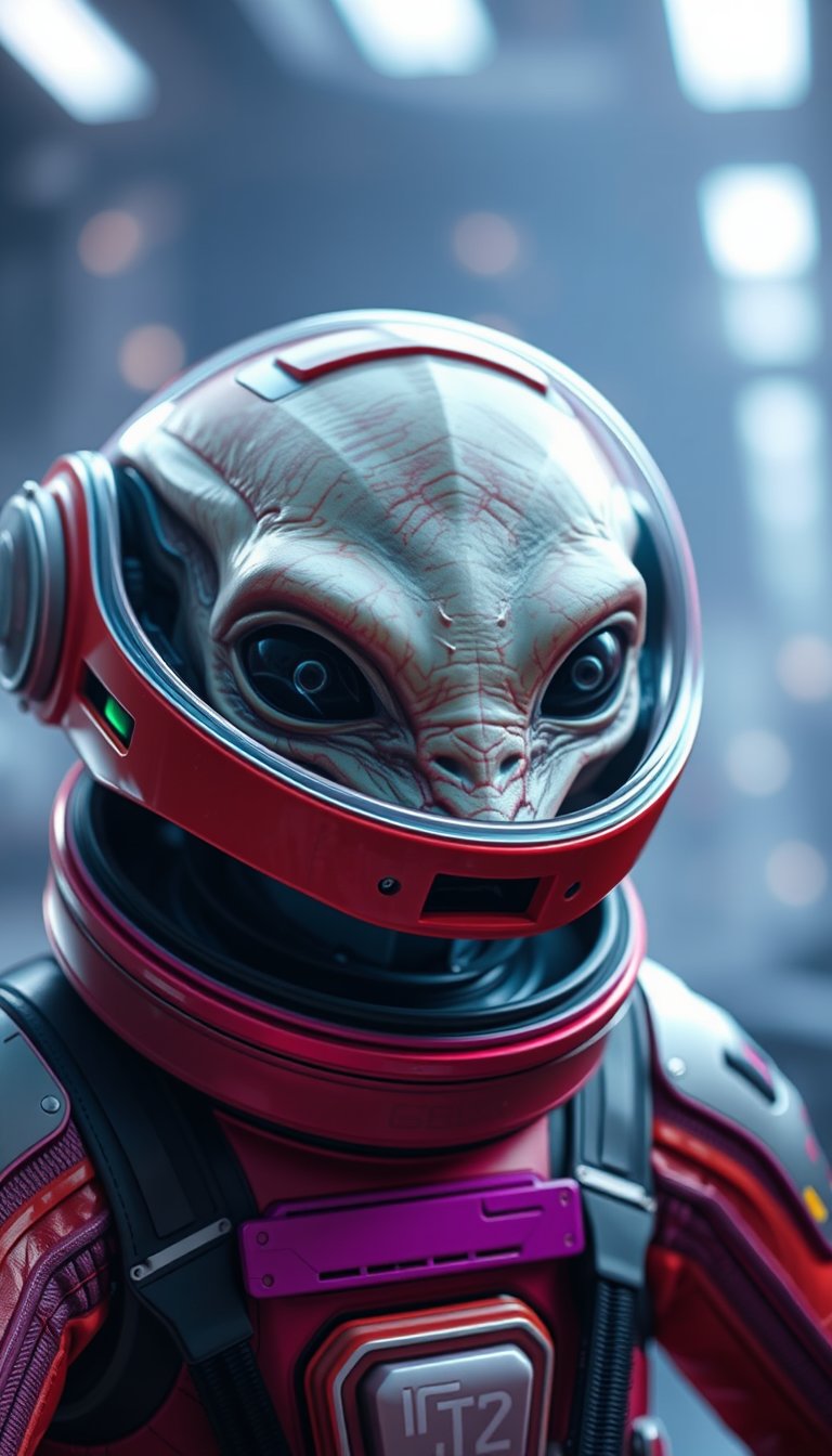 Cinematic view of an alien in an advanced spacesuit looking towards the screen with vibrant colors.