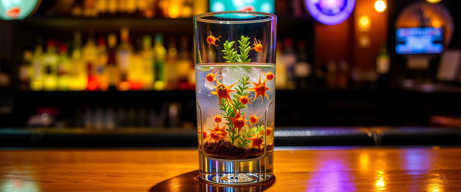 When I drink this cocktail, I feel like I am drinking a whole ecosystem. Colorful creatures swim in its tall crystal clear glass. The backlight in the pub makes them so much more interesting.