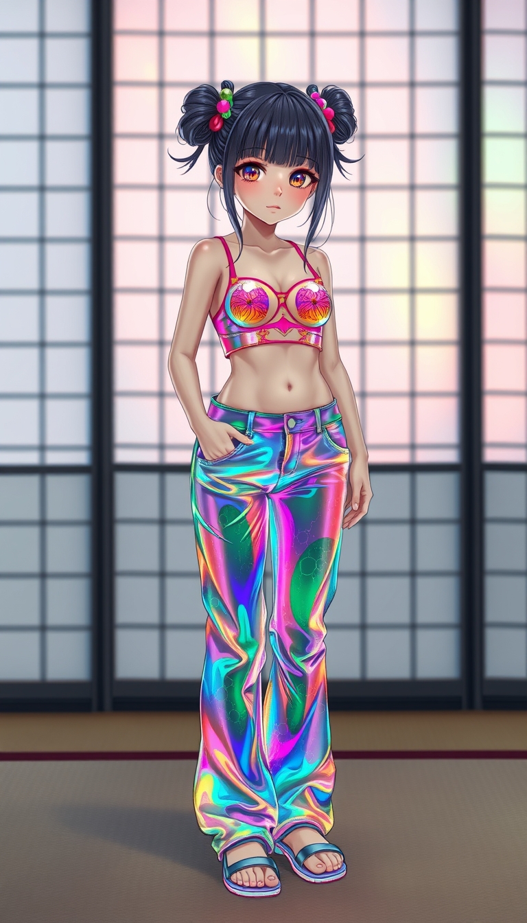 Hyperrealism cute kawaii anime girl, psychedelic, wearing colorful glowing transparent liquid water metal jeans and top, in a tatami studio.