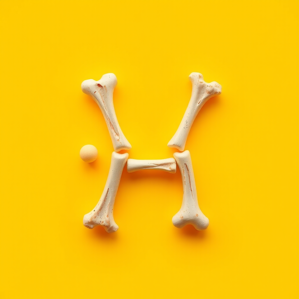 a typo "H" made of bones, yellow background, realistic photograph