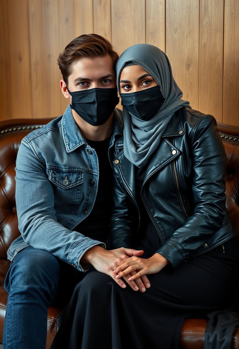 Jamie Dornan's head and body shot, handsome, face mask black, jeans jacket, jeans, dating, love couple, with biggest grey hijab Muslim girl, beautiful eyes, face mask black, black leather jacket, biggest skirt, hyper realistic, studio photography, sit on leather classic sofa, wooden wall.