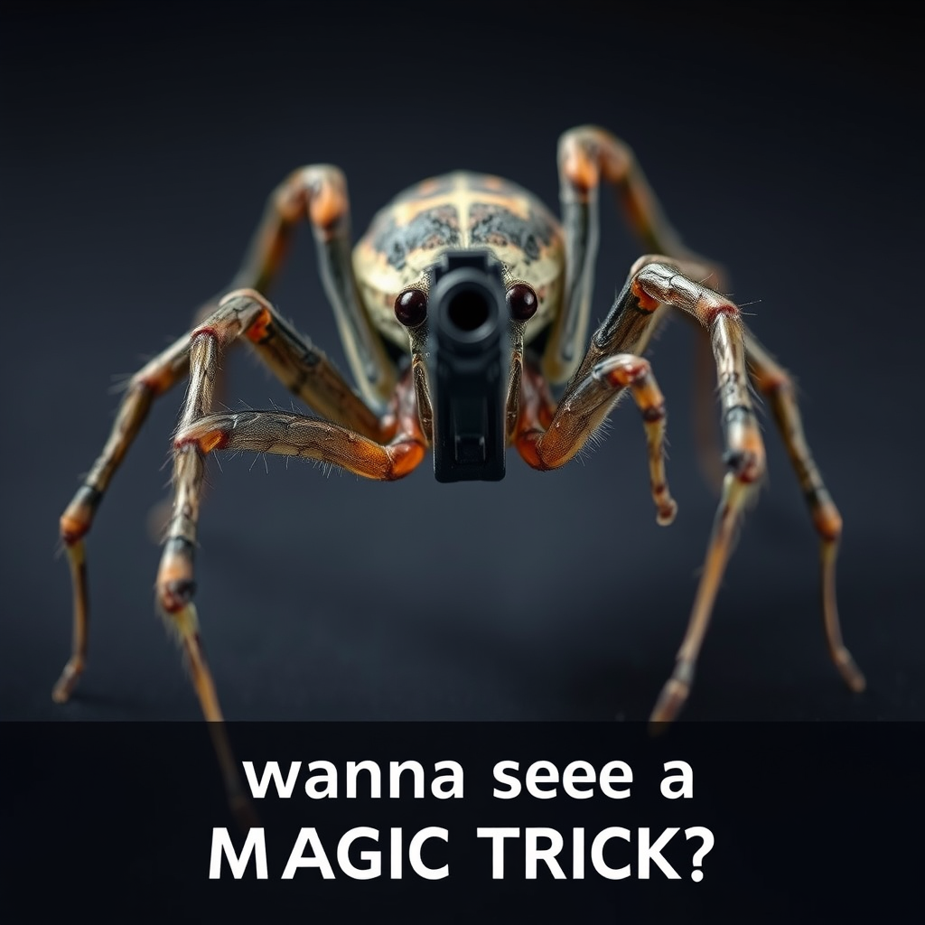 a creepy spider photograph with long legs wrapped around an upright glock aiming at the camera with text saying "wanna see a MAGIC TRICK?" below it. professional photograph.