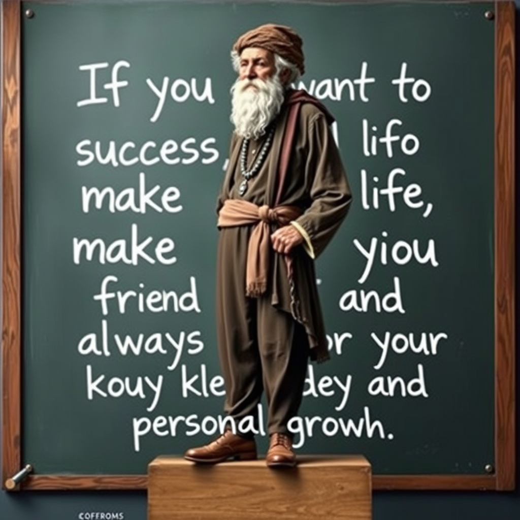 "Create an image of an old wise man standing on a board that writes 'If you want to succeed in life, make learning your friend and always strive for your knowledge and personal growth'." - Image