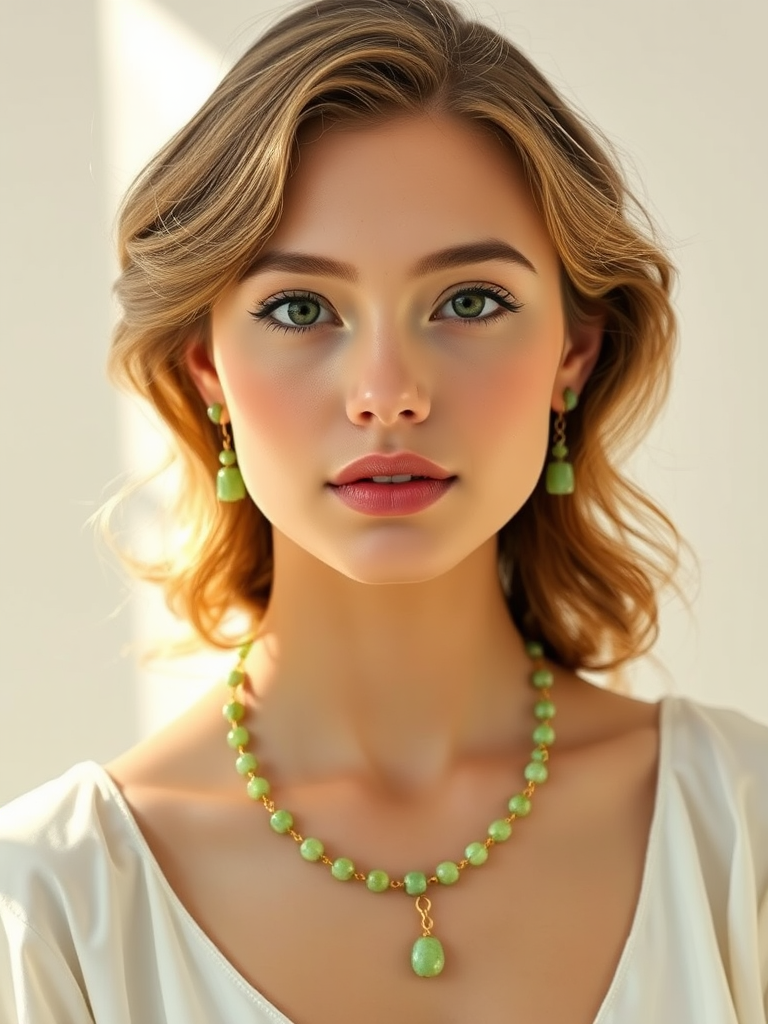 A stunning portrait of a young, white woman in her 20s adorned with delicate jade jewelry, including small earrings, a necklace, and a bracelet. Her hair is styled in soft waves, and she has a serene expression. The background is a pristine white, allowing the subject to stand out, while subtle sunlight filters in from the side, creating a gentle glow. The overall atmosphere of the image is elegance and tranquility. - Image