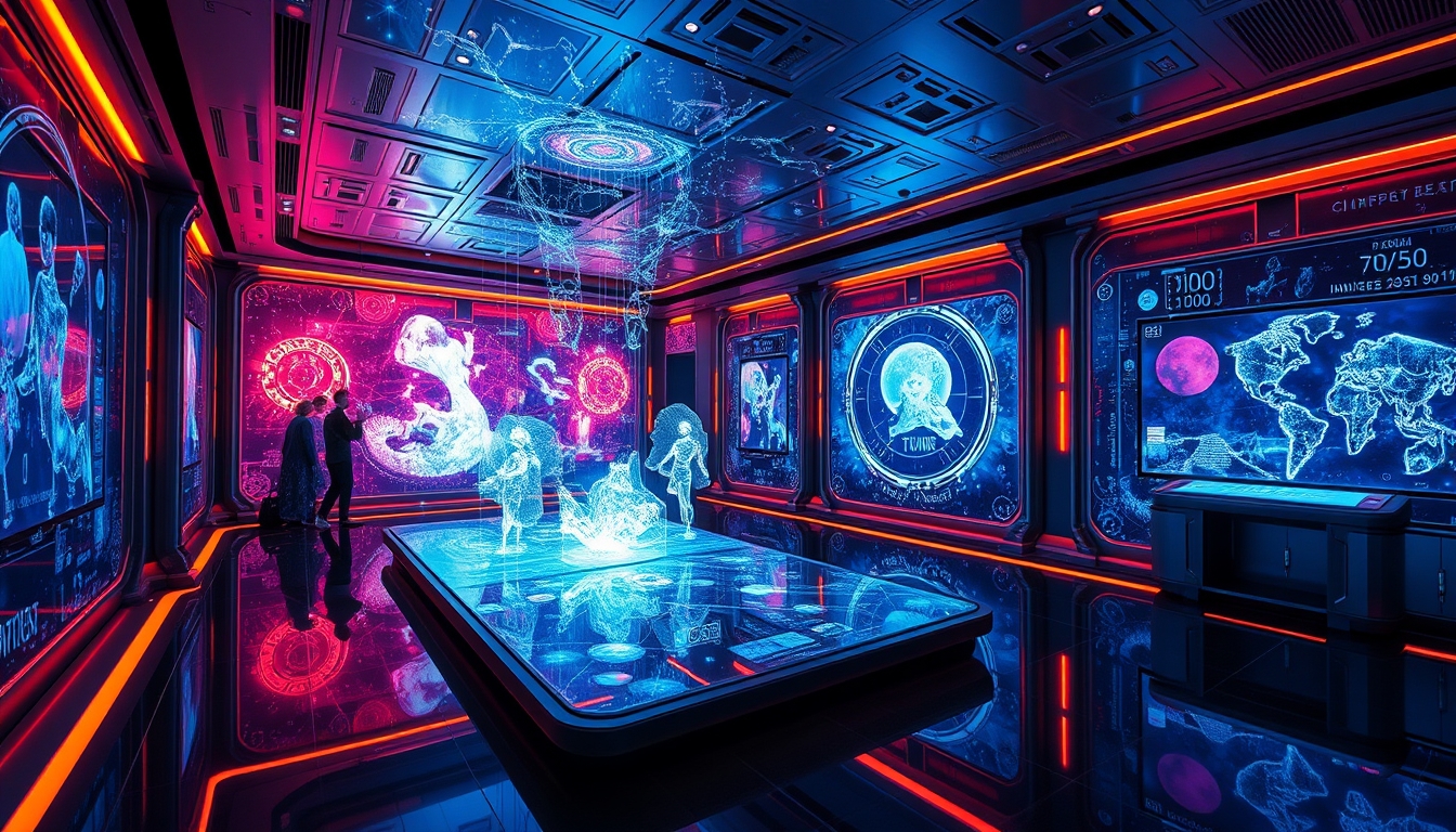 A futuristic room filled with interactive digital art, with holographic displays and immersive light installations. - Image