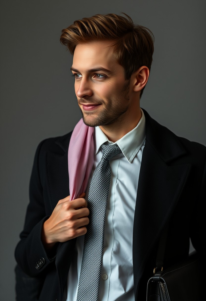 Jamie Dornan's head and body shot, handsome, young, shy smile, white shirt half buttoned, grey patterned tie, black coat suit, leather shoes, leather bag, dating love with the biggest soft pink hijab girl, beautiful eyes, face mask black, biggest floral juba, hyper realistic, studio photography, full photography.