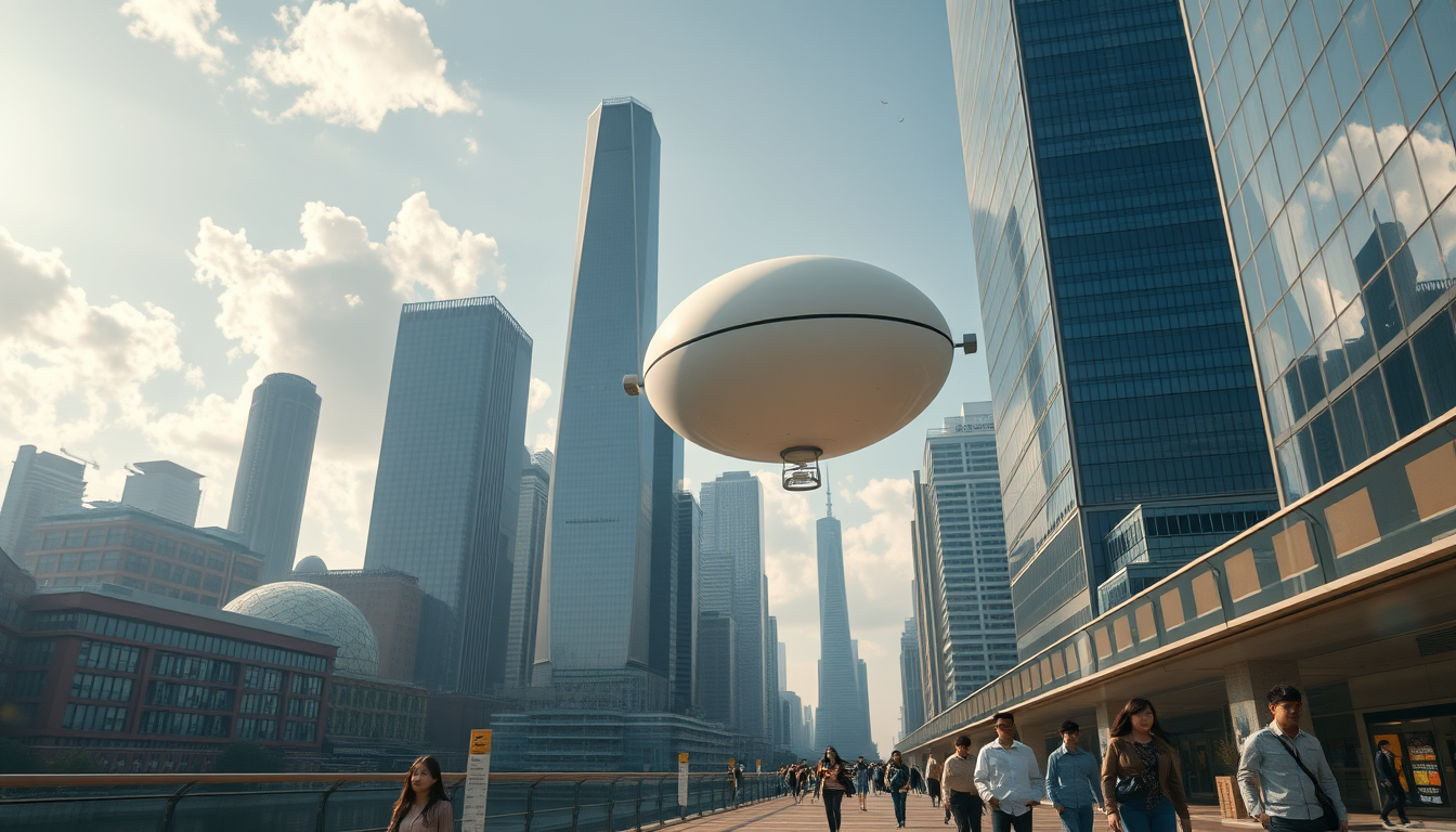 Create a stunning high-resolution image of the city of the future. The skyline should be filled with towering skyscrapers. It includes a light-colored oval balloon-type robot flying rapidly through the air with tiny black balancers on either side of the balloon. There are some people walking on the street, Asian faces, wearing fashionable and avant-garde clothes, creating a laid-back and pleasant atmosphere. The visual focus of the image highlights small balloon-type robots patrolling the air for safety, very beautiful clouds, and sunlight reflecting off the glass surfaces of the buildings, creating an atmosphere of excitement and innovation. The details are very clear and realistic, 32K, top view. - Image