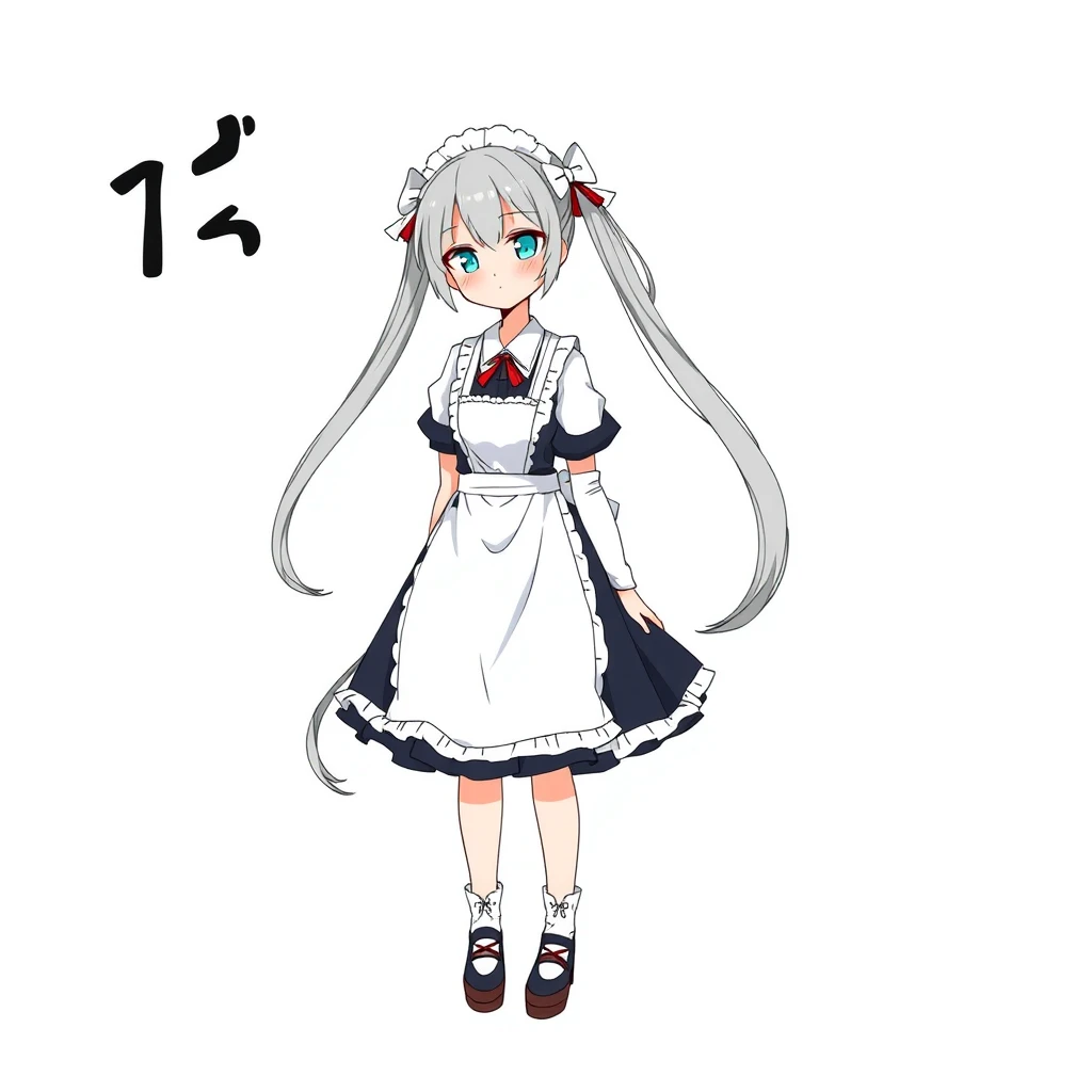 Character design illustration, twintail girl, maid outfit, white background, full body, standing, Japanese illustration style. - Image