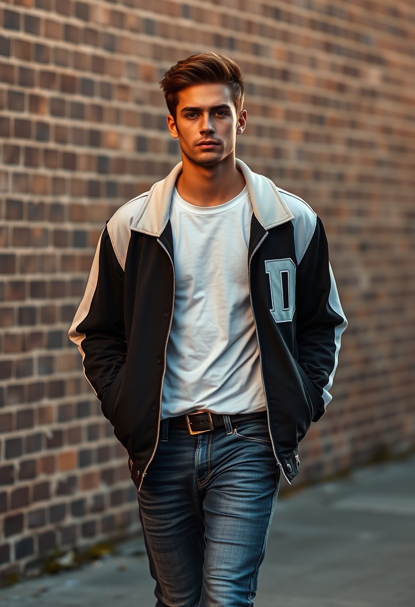 Freddie Prinze head and body shot, handsome, young, serious face, white t-shirt, college jacket, skinny jeans, sneakers, walking hot style, hyper-realistic, street photography, brick wall, full body photo, sunrise.