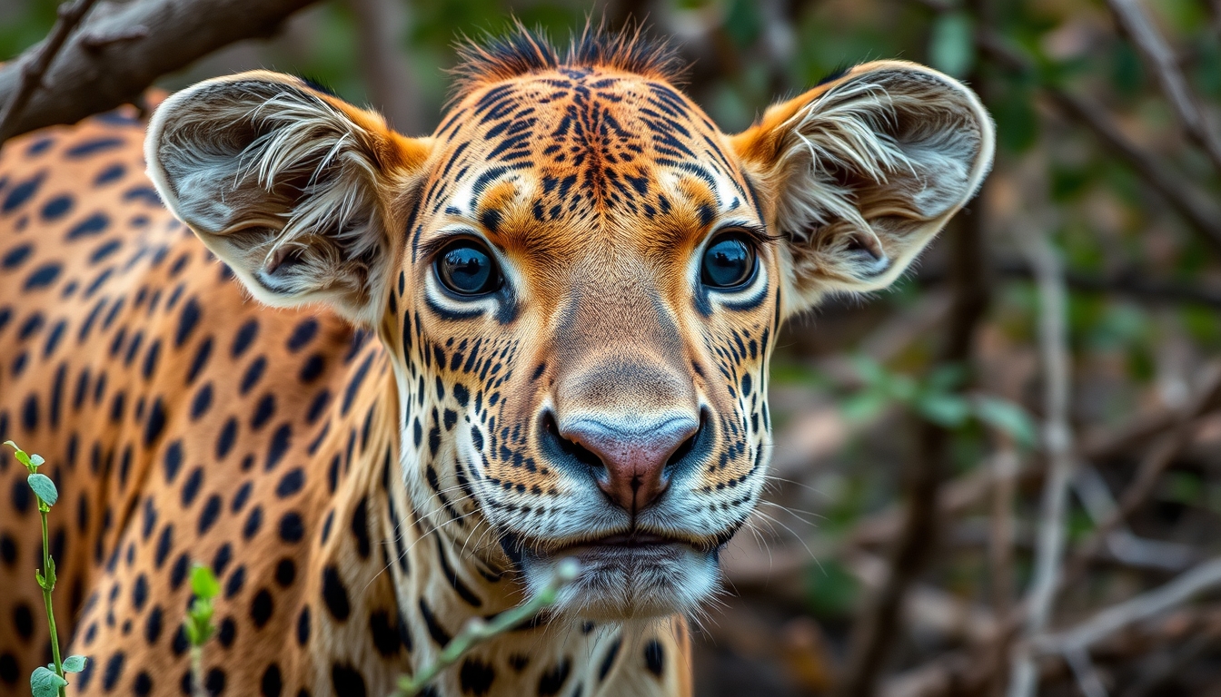 A stunning portrait of an endangered animal in its natural habitat, with a focus on its expressive eyes and the surrounding environment.