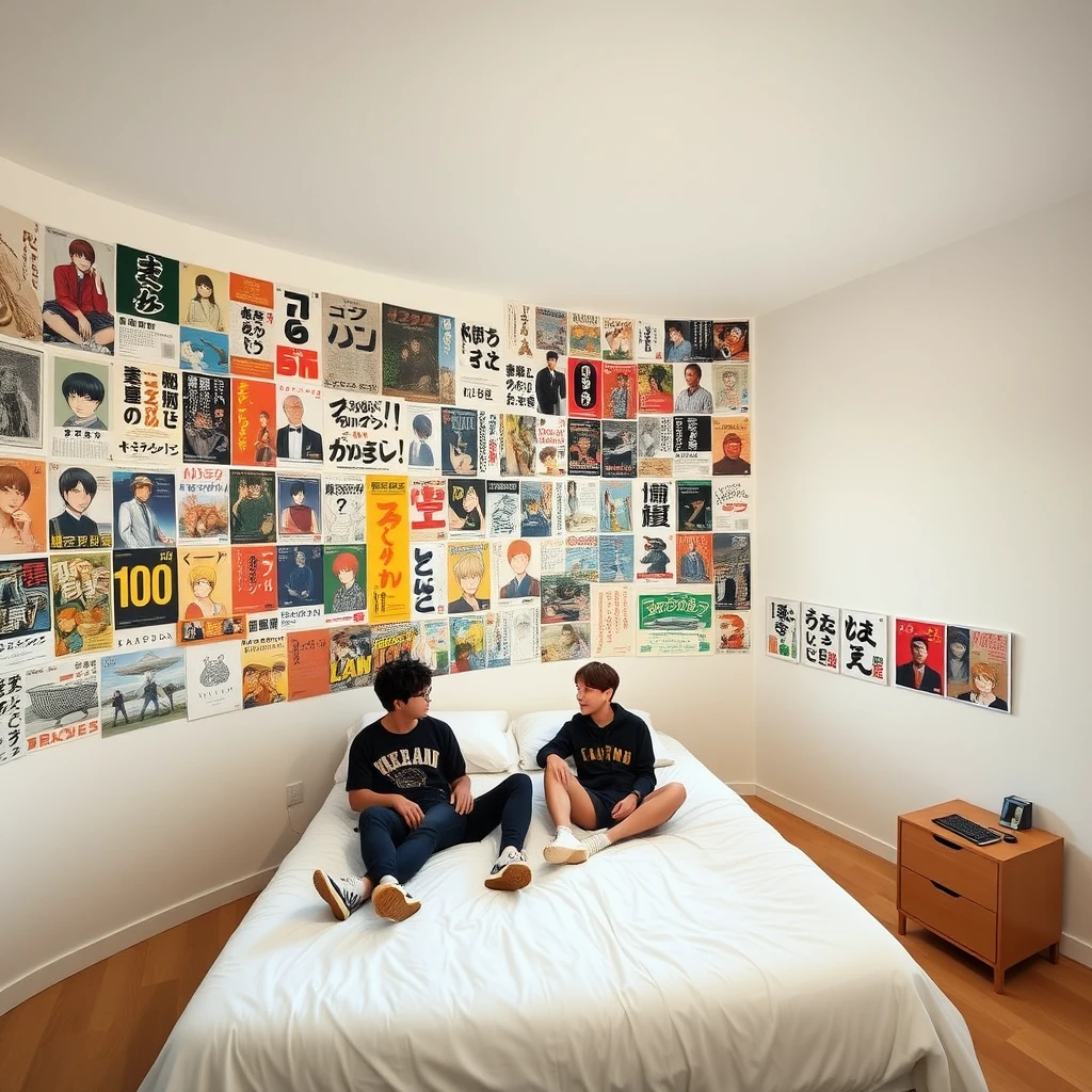 In a very large room, there is a big bed, and one wall of the room is covered with many posters of Japanese manga, while the other walls are bare. Two male students are chatting on the bed.