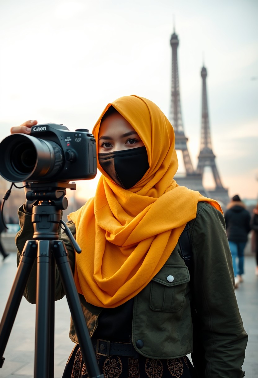 Biggest hijab yellow Muslim girl, beautiful eyes, face mask black, green army leather jacket pattern, biggest skirt, camera dslr canon, tripod, taking photos of Eiffel Tower, sunrise, morning scenery, hyper realistic, street photography. - Image