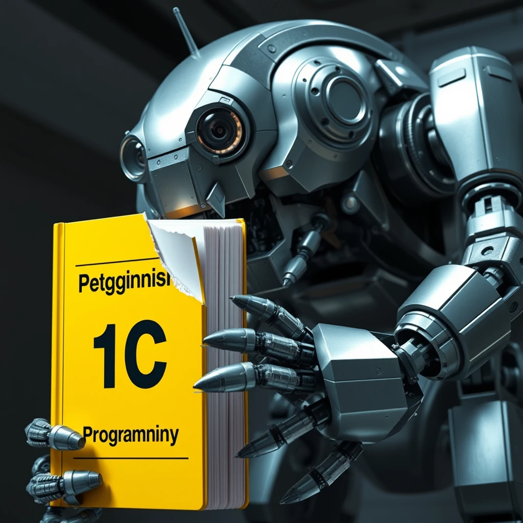 Futuristic scene: a giant robot bites the corner of a large yellow book. The robot is massive, with a metal body, gleaming lens-eyes, and mechanical jaws. Its size is several times the size of the book. The book is bright yellow in color, thick, and looks like a textbook. The cover of the book reads "1C Programming" in large black letters. You can see that the robot has bitten off the upper right corner of the book, leaving a jagged bite mark. The background is neutral, perhaps a darkened laboratory or futuristic interior. The lighting is dramatic, emphasizing the contrast between the shiny metal of the robot and the matte surface of the book.
Image style: photorealistic with science fiction elements. Detailed texture of the robot's metal and the book's paper. Clear lines and shapes. Saturated colors with emphasis on the yellow of the book and the silver-steel of the robot.