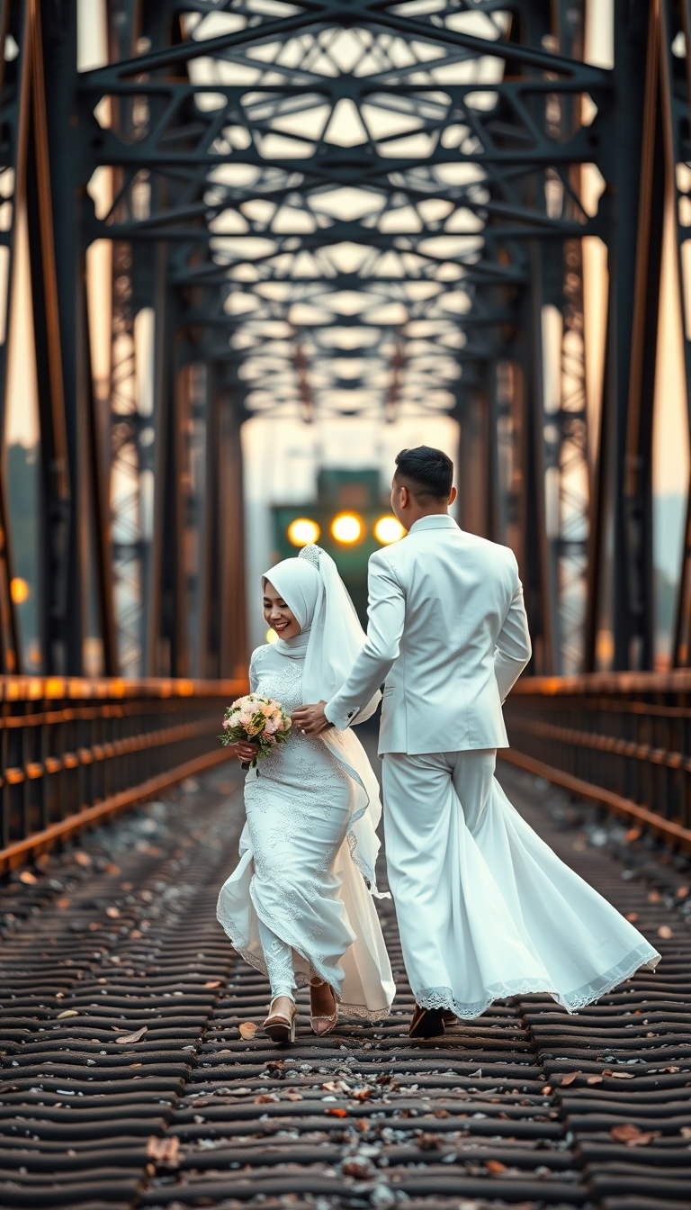 A captivating and surreal photograph of a couple adorned in traditional Malay white wedding attire. The bride dons a stunning "pengantin" outfit, while the groom stands tall and confident. They are seen racing towards a mysterious and ominous black metal bridge. The bridge symbolizes their passage into a new chapter of their lives together. The dramatic scene is further intensified by a bokeh background and the TRAIN IS COMING. This image masterfully blends love, adventure, and suspense, creating a unique fusion of emotions. TRAIN ON BACKGROUND, GOLDEN HOUR.