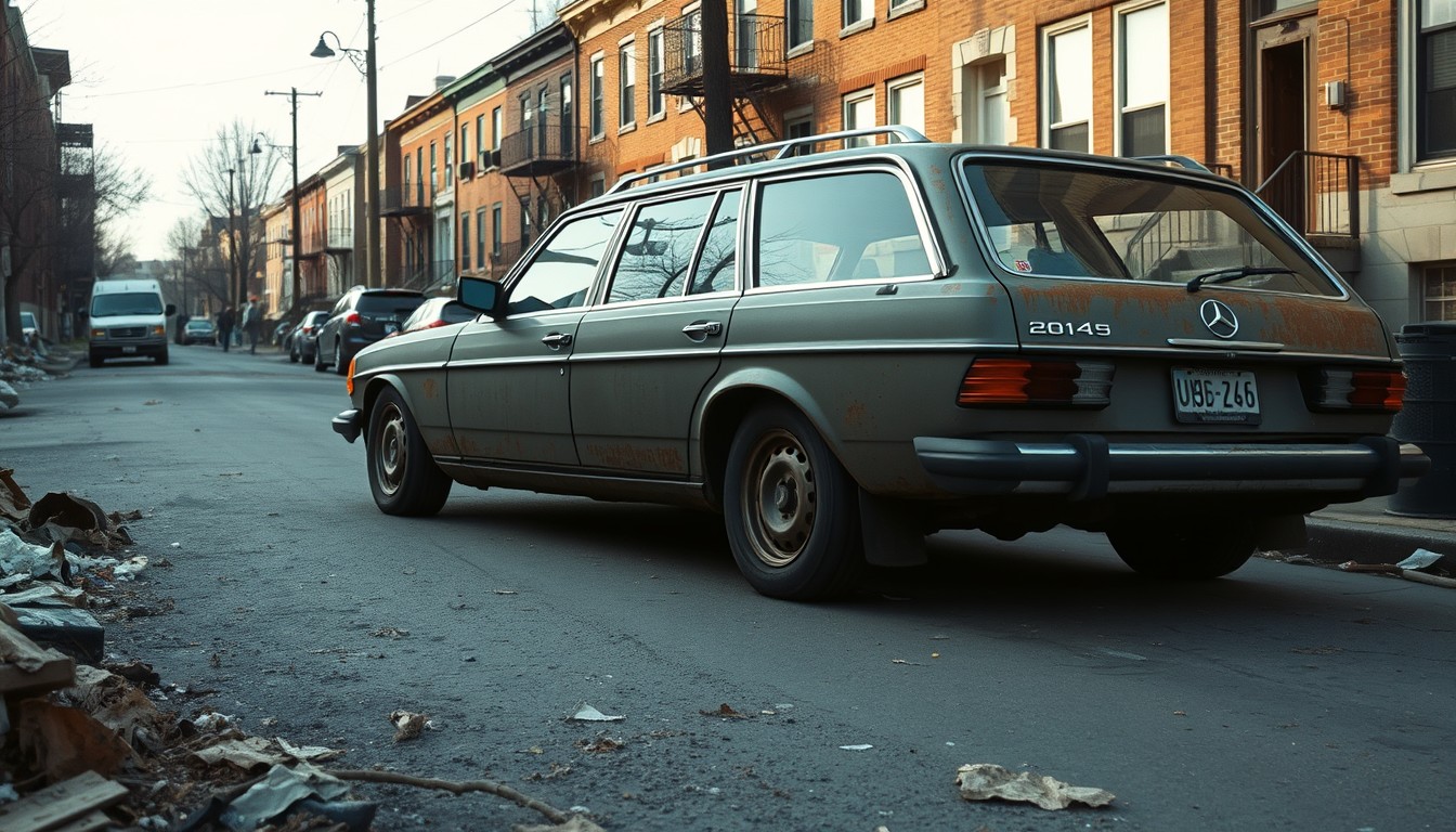 Rusty 124 Mercedes wagon with big chrome rims, old grain photo style, Baltimore city street, garbage, abandoned houses, drunk homeless on the ground. - Image