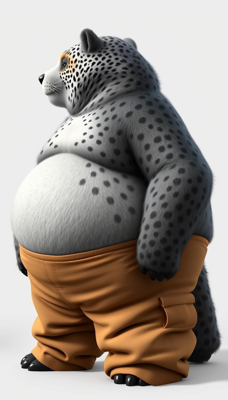 Quarter view, anthropomorphic obese gray bear-leopard hybrid, blended features. Gray and black fur with tan and white fur markings. He has a heavyset body, a wide fat bottom, and fat wide double chins. Tan obese big fat baggy cargo pants. Obese double belly tucked into pants overflowing. Full body, uncropped. Fluffy fur. Digital art, semi-realistic.