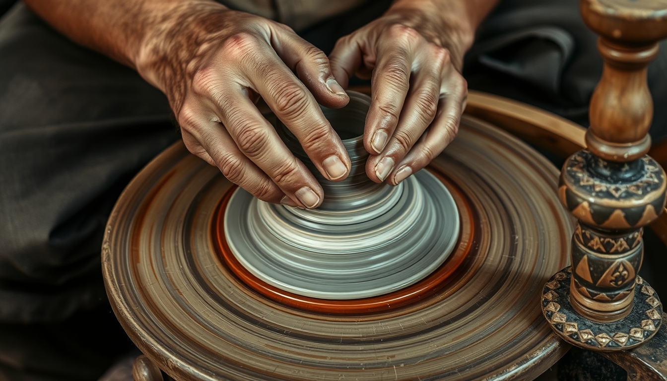 A close-up of a craftsman's hands meticulously shaping a piece of pottery on a spinning wheel, with earthy tones and rich textures.