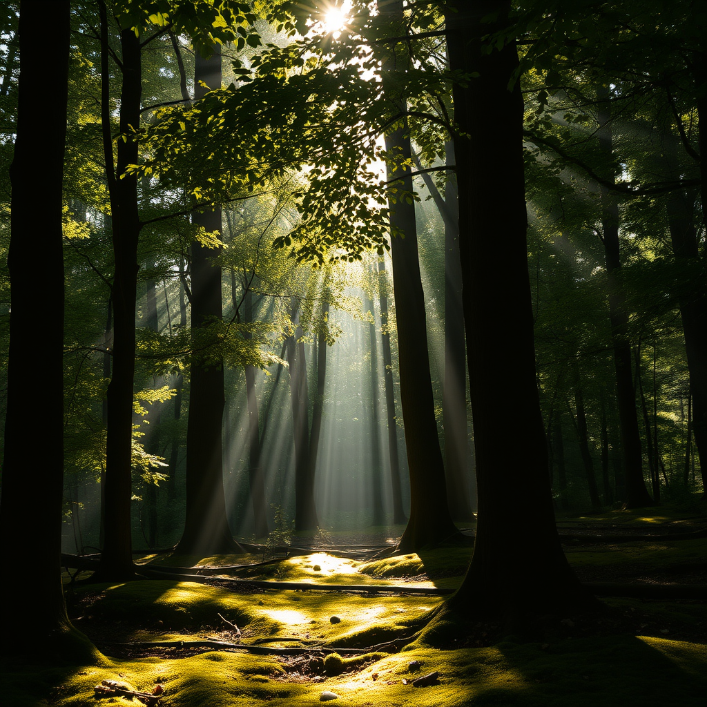 A forest with sunlight streaming through the gaps between the leaves, creating a dappled and enchanting light and shadow effect. The rays of light illuminate the mossy ground and the trunks of the trees. The air is filled with tiny floating dust particles, adding a touch of mystery. --ar 16:9 --v 5