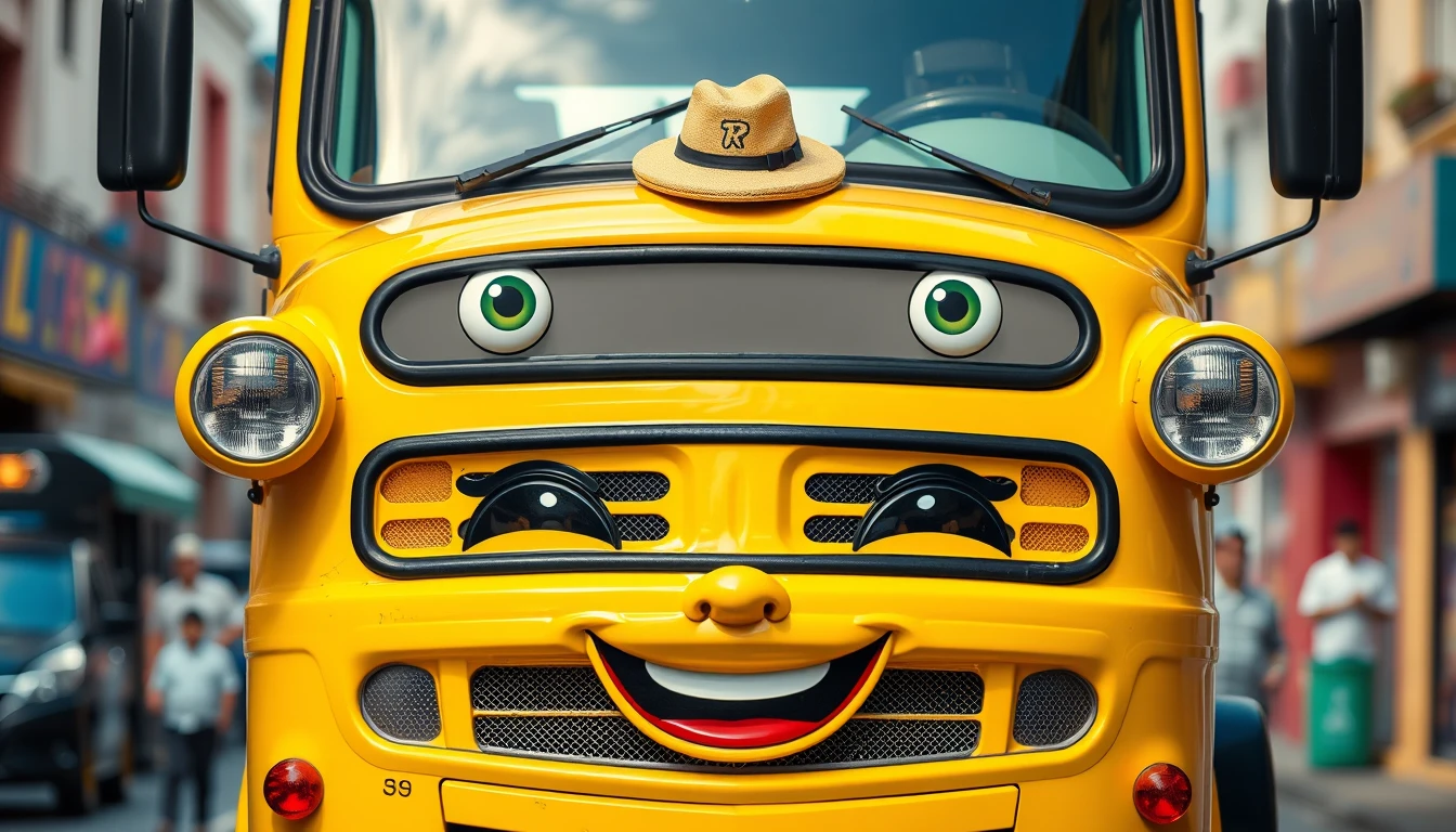 A bright yellow bus with friendly eyes on the windshield and a smiling mouth on the front grille, wearing a small hat on top. The bus looks cheerful and helpful, with a cheerful honking horn. The background is a colorful city street.