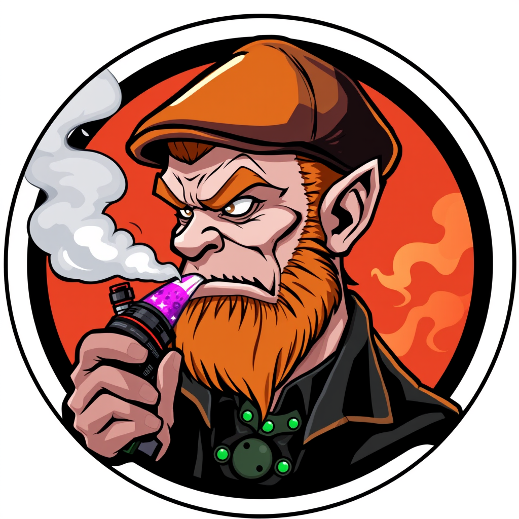 Three-quarter view cartoon demonized white human male, bald with short ginger beard, wearing a vintage flatcap. He's exhaling vapor clouds from a sleek vapemod, dripping with vibrant e-liquids. Set in a circular logo design, featuring gothic elements and a smoky, mischievous atmosphere. - Image