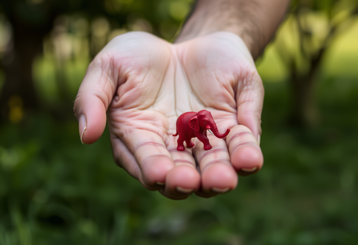 In the palm of his hand was a shrunken red elephant.