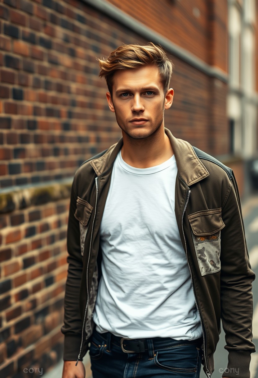 Jamie Dornan head and body shot, handsome, young, serious face, brown-haired, white t-shirt, collage jacket, skinny jeans, sneakers, walking stylishly, near road, hyper-realistic, street photography, brick wall, full body photo. - Image