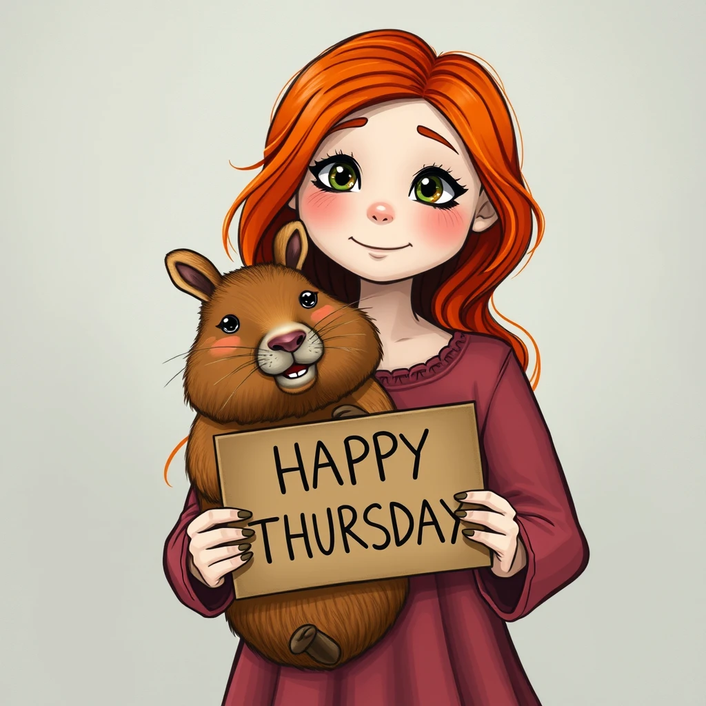 Redhead girl with a capybara holding a sign that says "HAPPY THURSDAY".