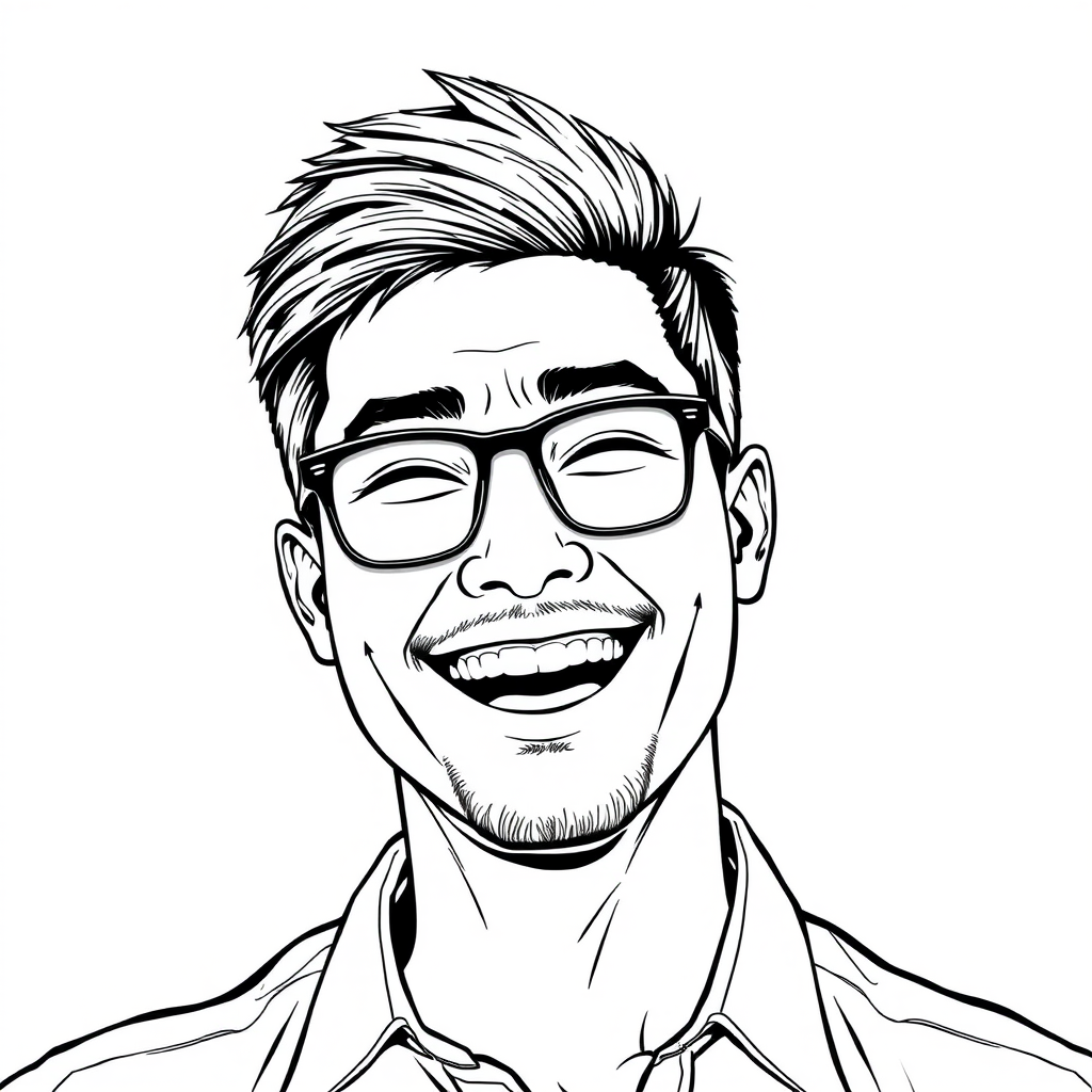 A cool black and white line drawing of a man around 35 years old, with short hair, Asian descent, wearing black-framed glasses for nearsightedness, a slightly short beard on his chin, a shirt, a full face with defined features, a robust physique, clean and fresh skin, laughing heartily after winning a victory.