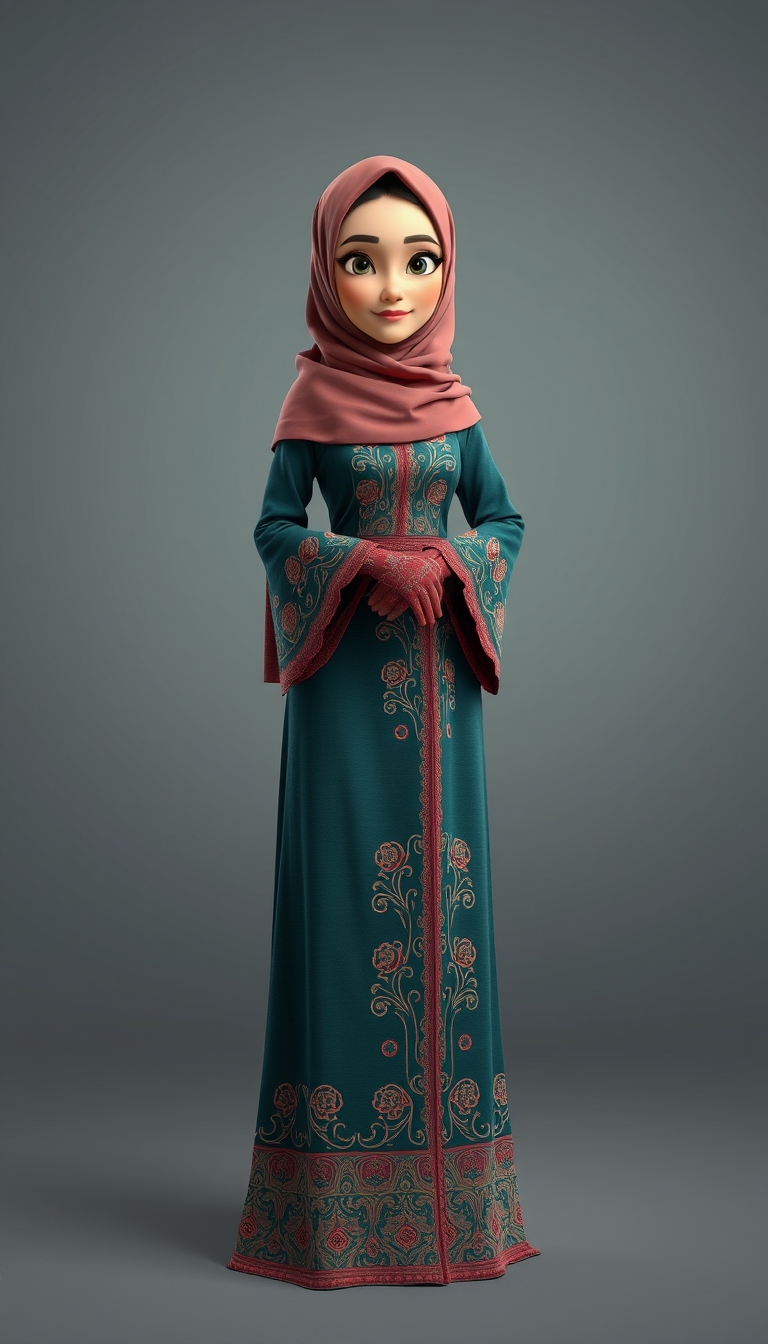 Create a 3D, 8K animated cartoon of a Muslim woman from Palembang wearing a long traditional songket dress. She should have her hands covered with batik gloves. The image should capture the elegance and cultural richness of the attire. - Image