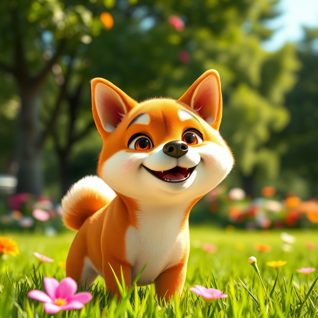 A lively Shiba Inu, with big, bright eyes full of energy and imagination reminiscent of Pixar animations. Its smooth coat shines with a soft, warm glow, and its strong muscles are softened by playful curves. The setting is a vibrant park, with lush green grass and colorful flowers gently swaying in the breeze. The mood is pure joy and boundless energy, creating an innocent and fun atmosphere. Bright sunlight bathes the scene, casting soft shadows that highlight the dog's expressiveness. - Image