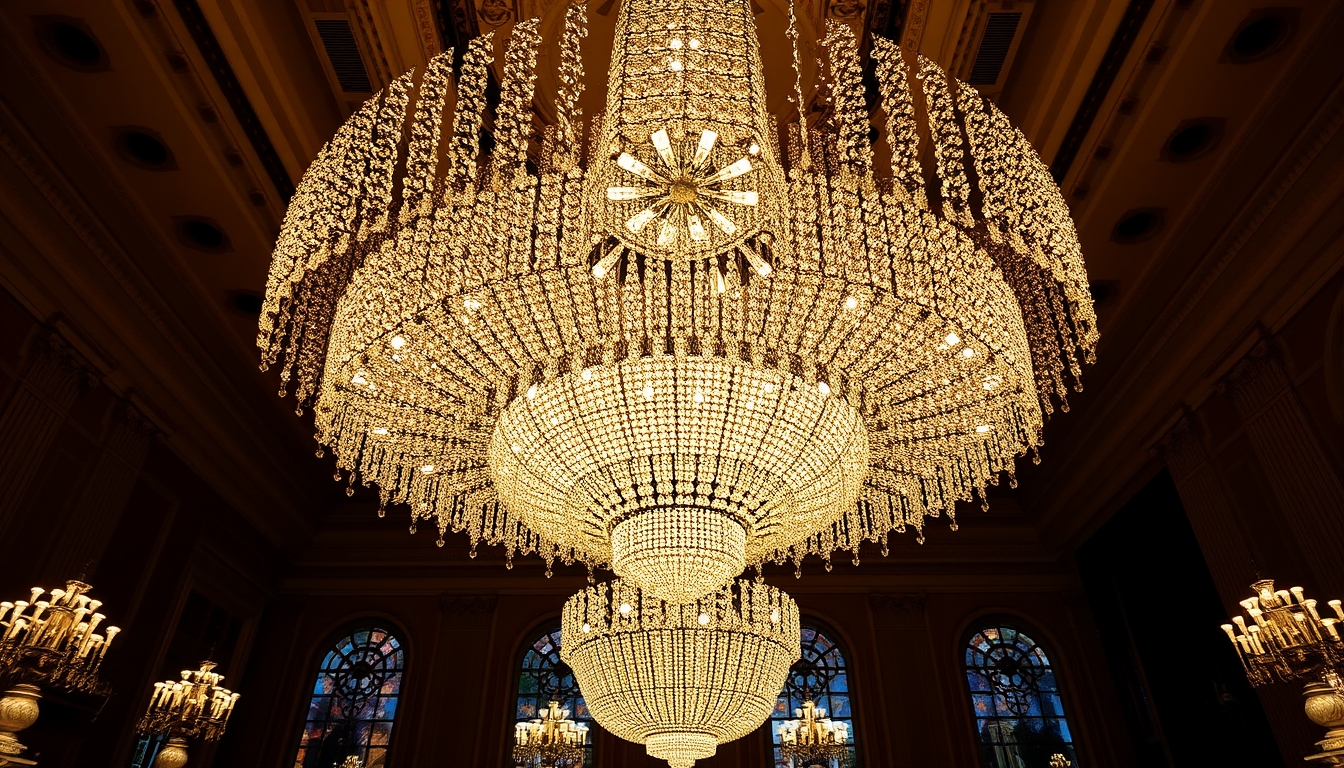 A stunning chandelier made of thousands of tiny glass crystals in a grand ballroom.