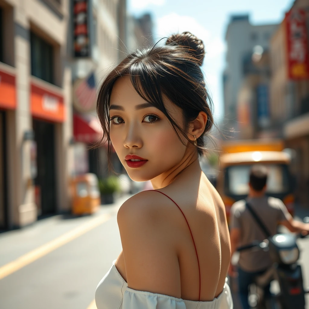 "Create a realistic image of an attractive East Asian woman in a sunny city. The photo should capture her torso as she turns around to make eye contact with the camera. The background should include elements of a vibrant urban environment with sunlight casting natural highlights and shadows. The woman's expression should be chic and serious, without a smile."