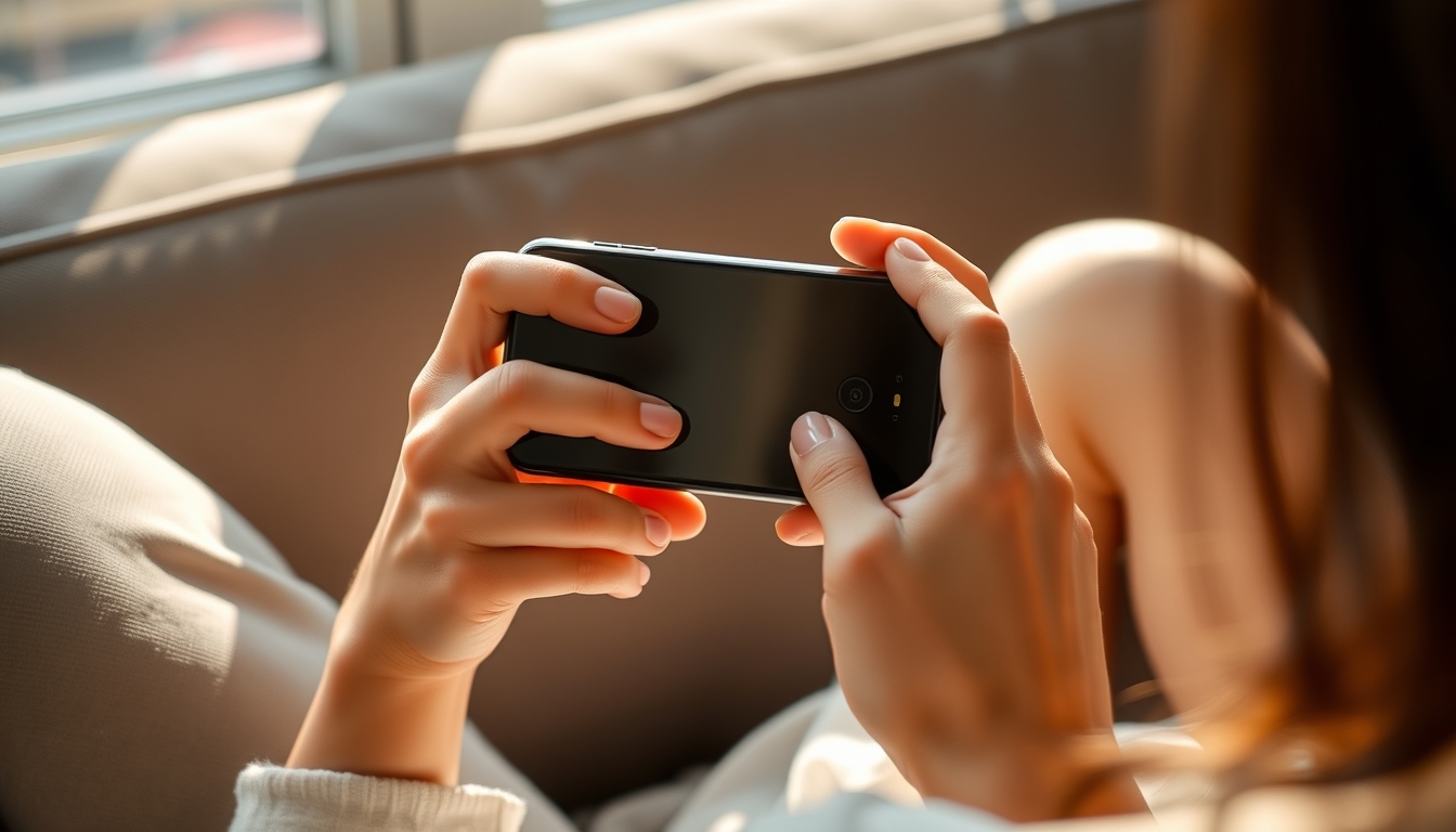 She is playing mobile games on the sofa with her iPhone 15 in both hands. Her fingers are slender and her skin is fair and translucent. The sun shines on her hands and the back of the iPhone 15 from the window. A close-up of the iPhone 15 is held in both hands. No face needs to be shown.