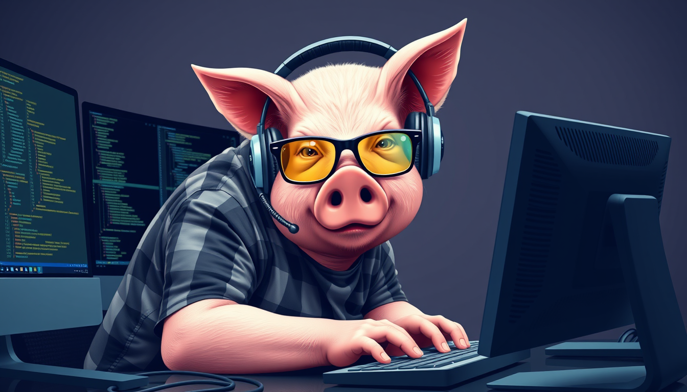 A tech-savvy pig coder, wearing yellow-tinted glasses and sleek noise-cancelling headphones, hunches over a cutting-edge multi-monitor setup. The anthropomorphic pig exudes focus, typing furiously. He is wearing a plaid t-shirt. - Image