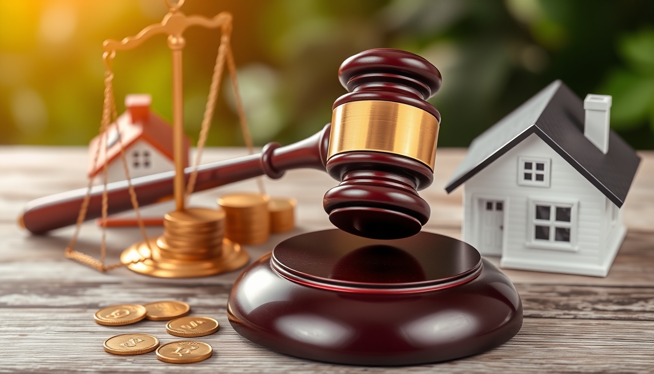 Real estate investment, a judge's gavel next to a scale with gold coins next to a house.