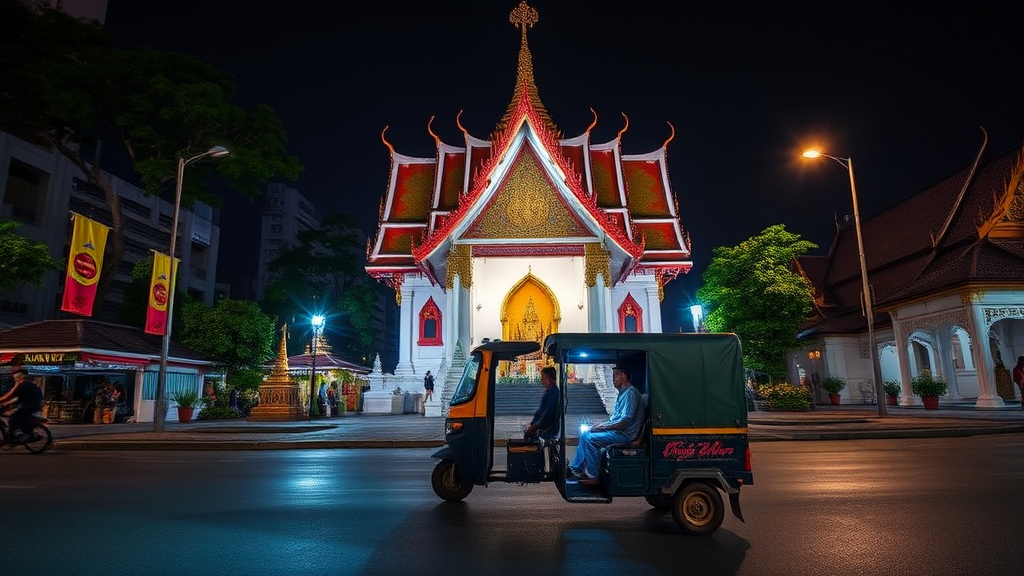 A tuk-tuk in front of a temple at night, by Samarttiw, flickr contest winner, Bangkok townsquare, Thailand, Bangkok, Thai, Thai temple, in the evening. - Image