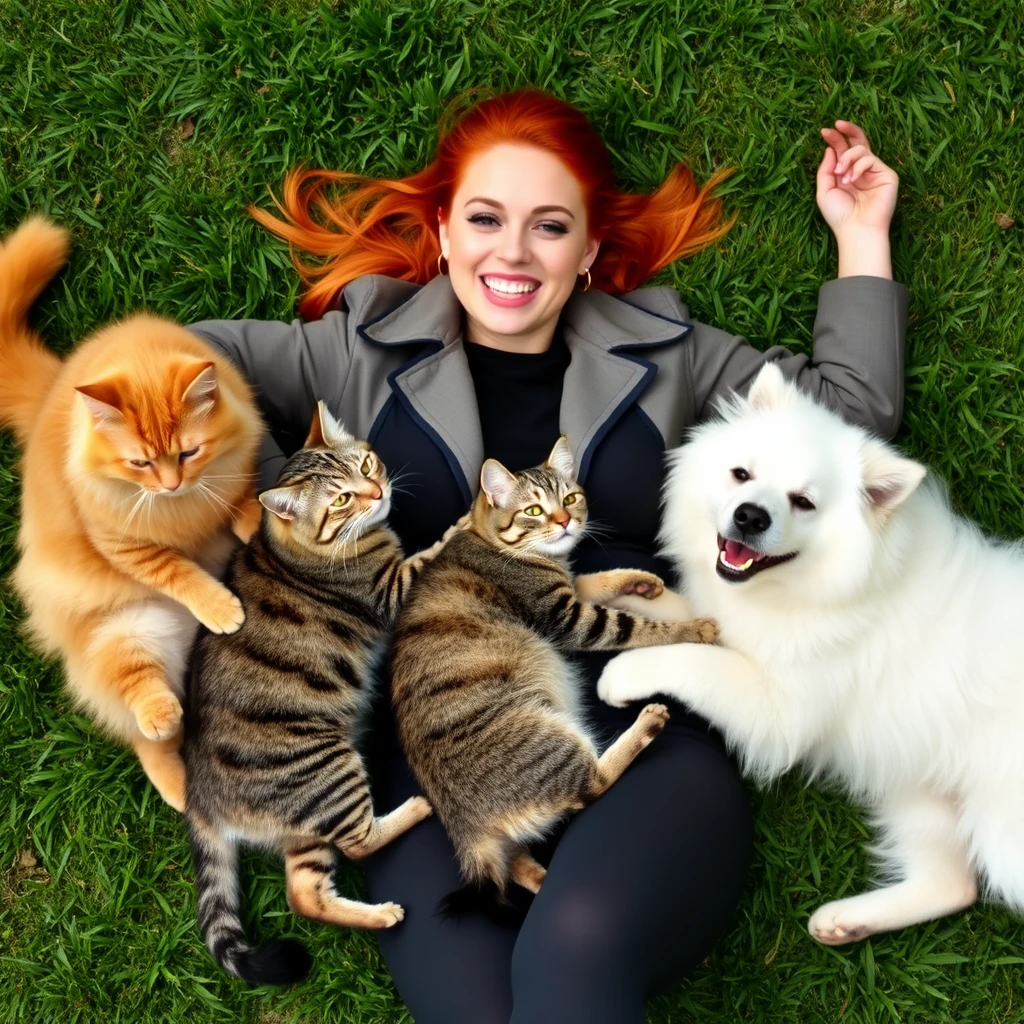 A joyful and positive scene of a stylish, slim, and beautiful young woman in her 20s, weighing around 65 kilograms, with a modern and trendy outfit. She is surrounded by her pets: a ginger Persian cat, a large gray tabby cat with stripes, and a fluffy white German Spitz dog. They are all lying together on green grass, playing and cuddling happily. The woman is fashionable, with vibrant red hair, and the scene radiates warmth and happiness, capturing a moment of playful interaction between her and her pets.