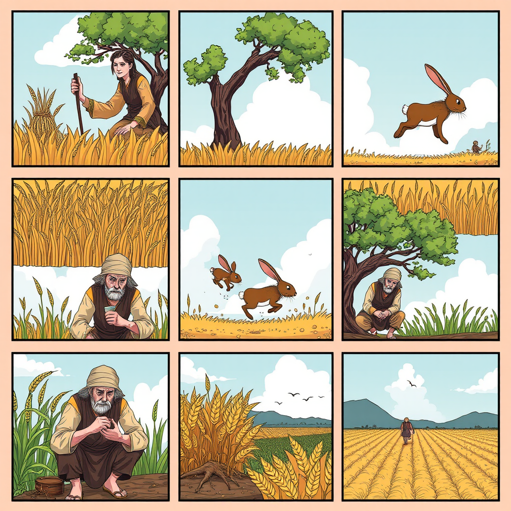 The image style is "cyberpunk," featuring an ancient farmer in a nine-cell format.  
The characters in each scene will all use the same farmer, ensuring that the face shape and clothing remain consistent throughout.  
Cell one: The farmer is harvesting wheat.  
Cell two: The farmer is sitting under a tree, and a rabbit is rushing by.  
Cell three: The rabbit is lying on its back with its face up.  
Cell four: The farmer is running, holding the rabbit in his hand.  
Cell five: The farmer sighs while sitting under the tree.  
Cell six: The farmer is eating.  
Cell seven: The crops have withered.  
Cell eight: The farmer is planting seeds in the field.  
Cell nine: Everything is gone.