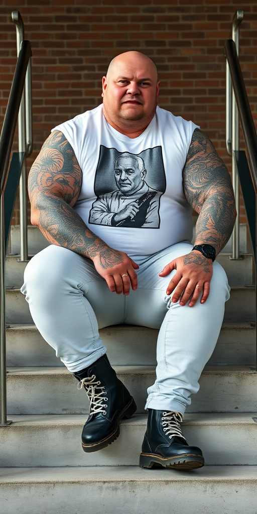 Prompt: a portrait-style photograph featuring an extremely huge 50-year-old muscular, beefy male skinhead sitting on a set of concrete stairs. He has a bald head, light skin, and is wearing a white t-shirt with a black and white graphic print of a person on it. His enormous muscular arms are heavily tattooed with intricate designs. He is also wearing tight bleached denim trousers that highlight his huge, muscular legs and black knee-high Dr. Martens boots with white laces. The background consists of a brick wall and metal handrails on either side of the stairs. The overall setting appears to be industrial.